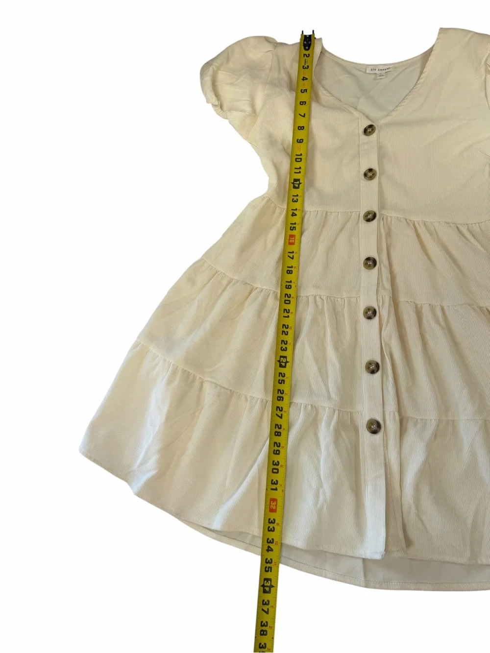 Blu Pepper Cream Button-Front Tiered Puff Sleeve Dress